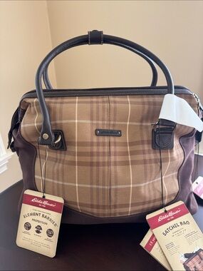 NWT Eddie Bauer Tan and Brown Plaid Satchel Bag